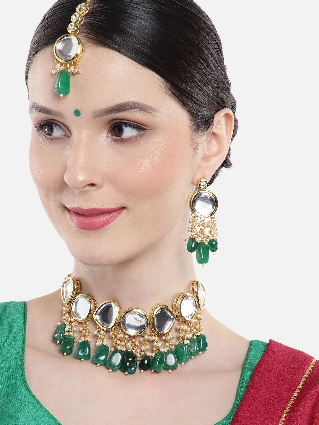 Green & White Kundan Choker Necklace Set