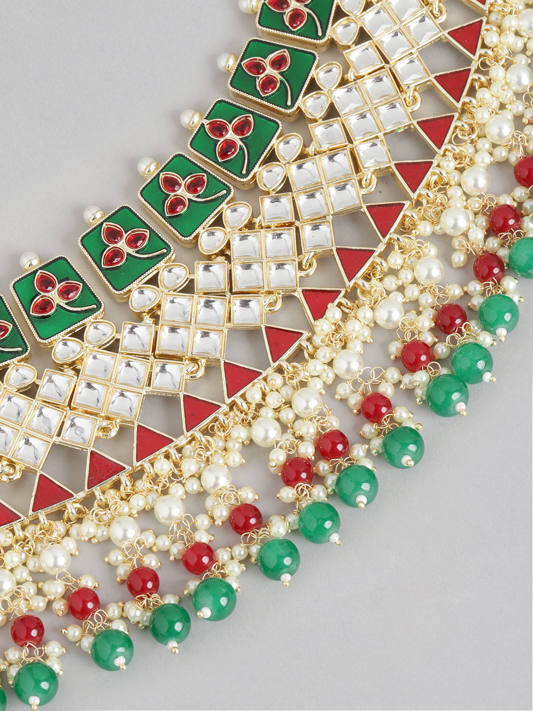 Red & Green Brass Kundan Studded Jewellery Set