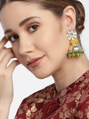 Yellow & Green Kundan Dome Shaped Jhumkas