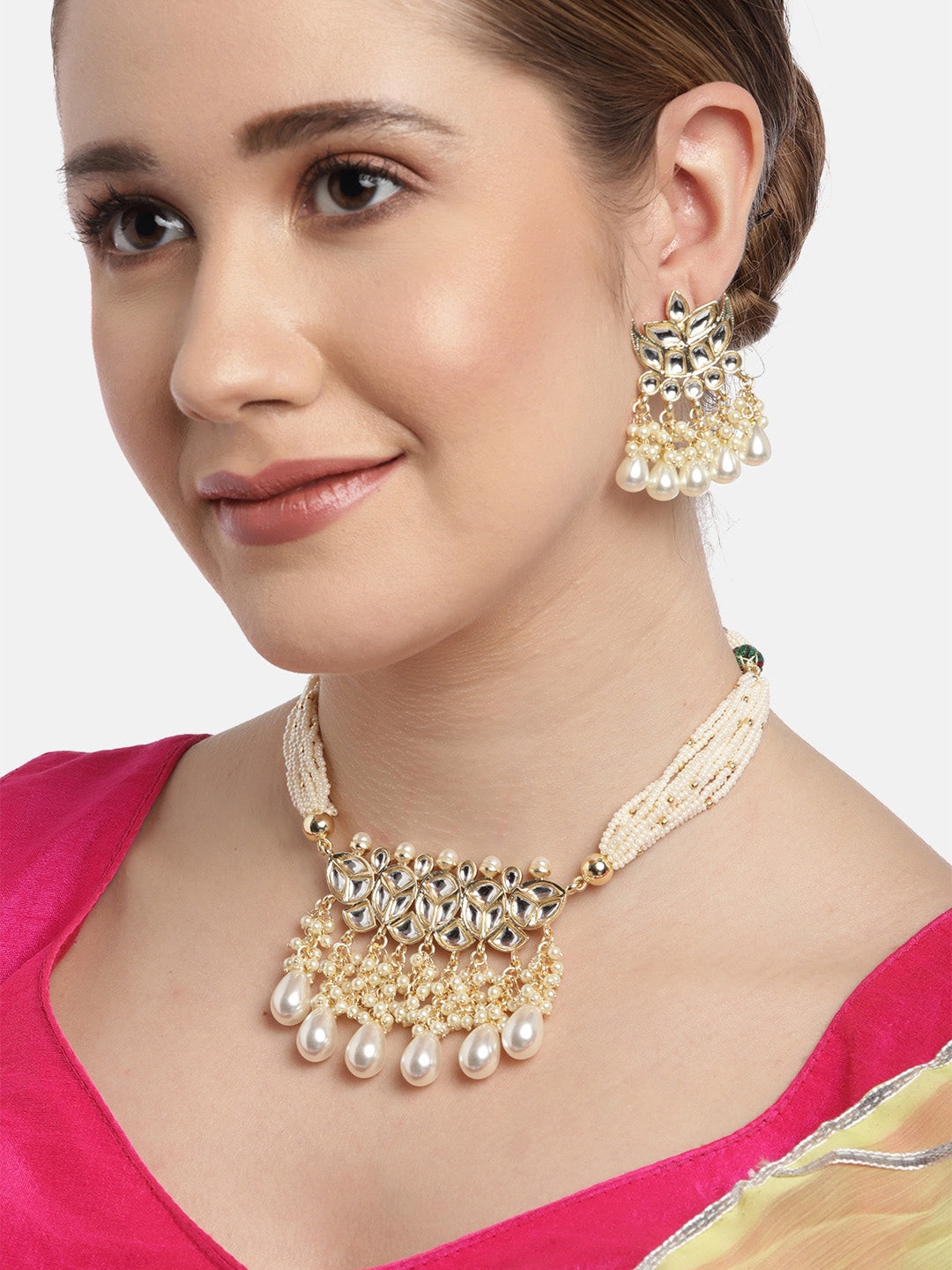 White Gold-Plated Brass Kundan Jewellery Set