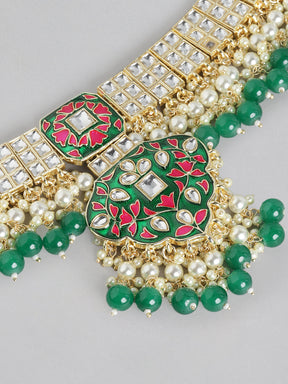 Green & Pink Brass Kundan Studded Jewellery Set