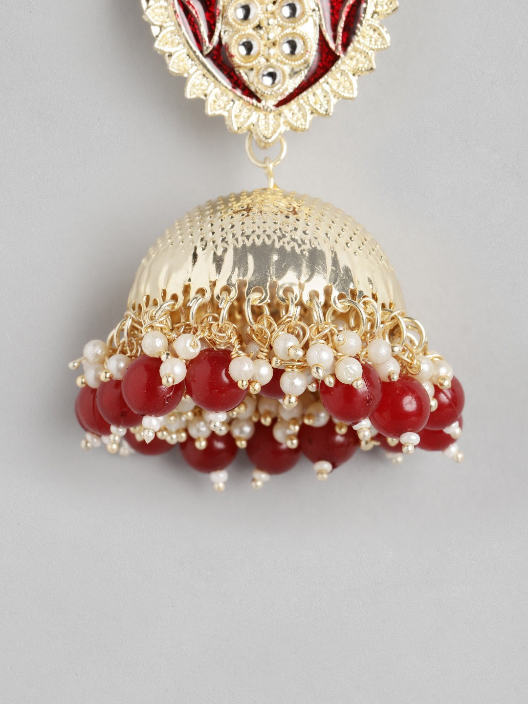 Red & Gold-Plated Dome Shaped Jhumkas Earrings