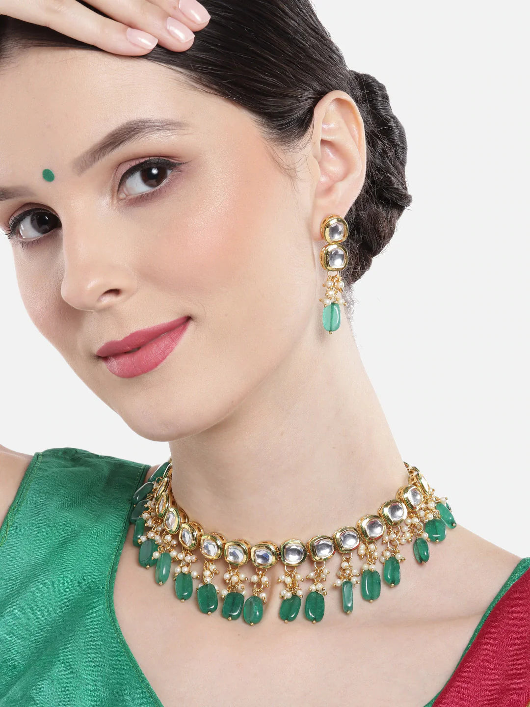 Green & White Kundan Choker Necklace Set