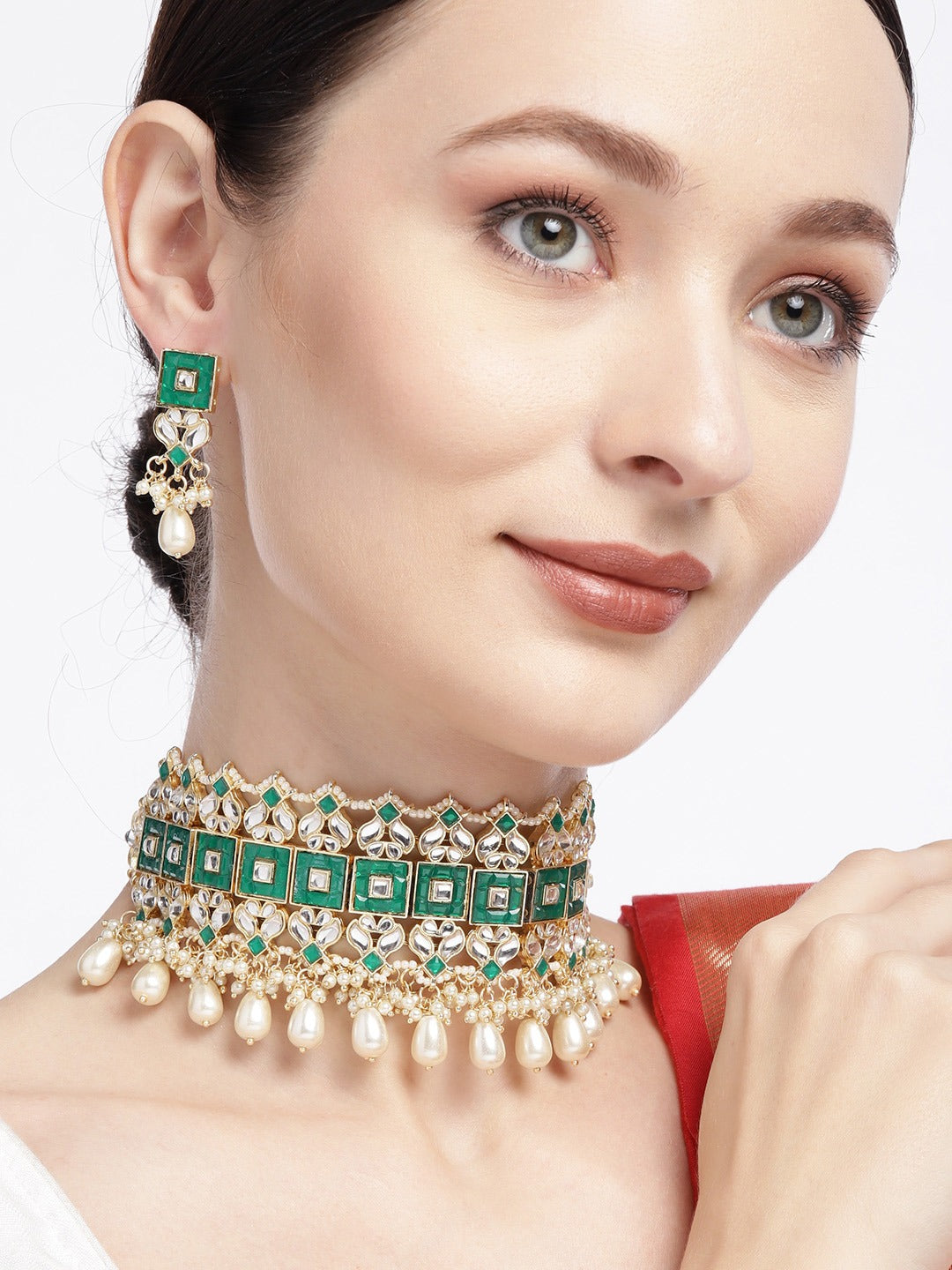 Green Handcrafted Kundan & Beaded Choker Set