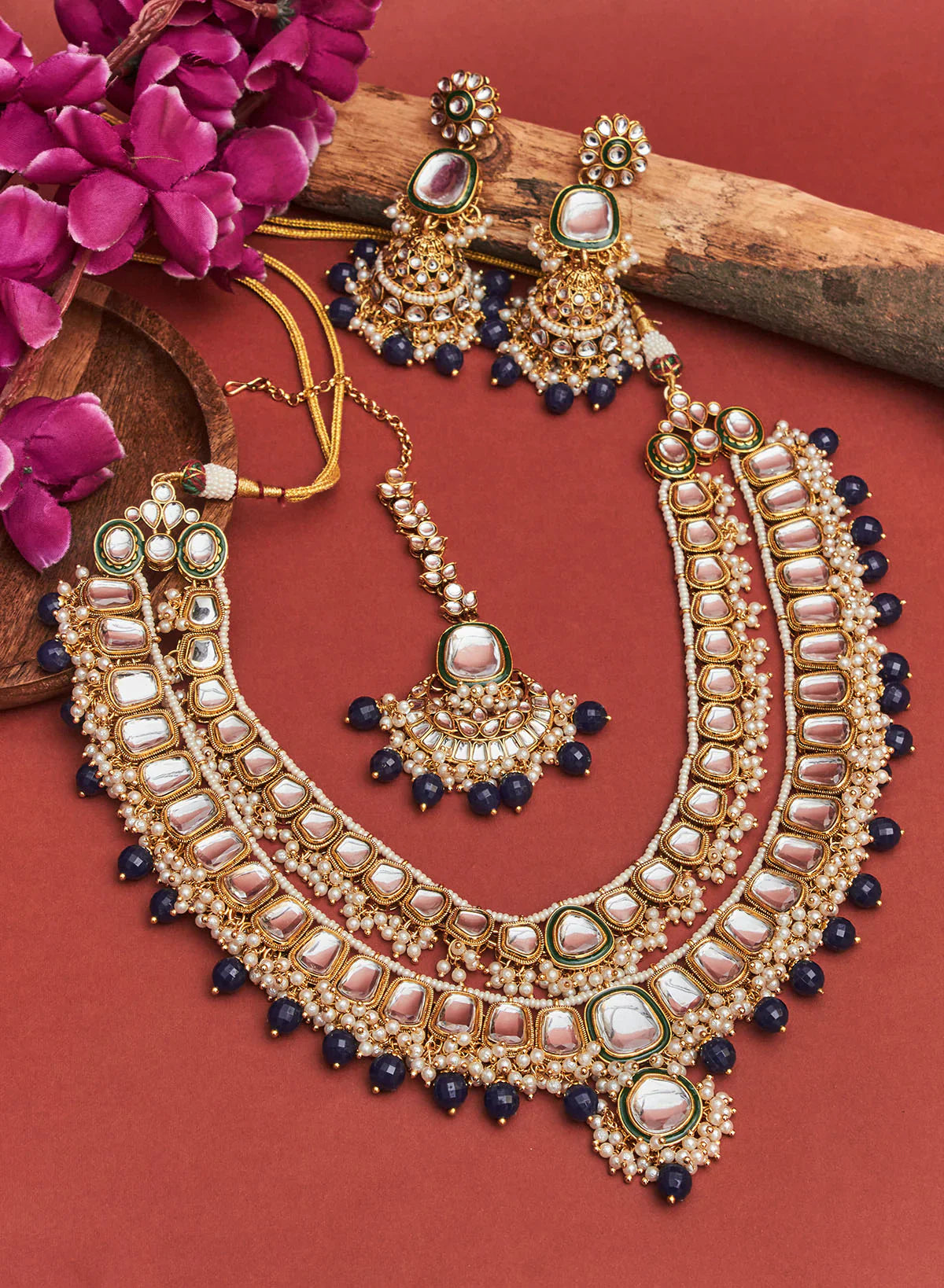 MELANIBORSA DOUBLE LAYER KUNDAN NECKLACE SET WITH MAANGTIKA