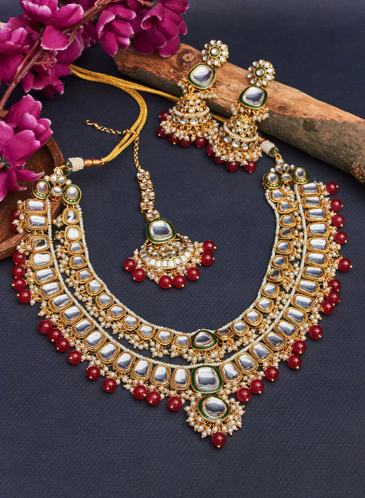 MELANIBORSA DOUBLE LAYER KUNDAN NECKLACE SET WITH MAANGTIKA