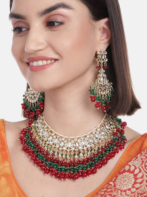 Red & Green Brass Kundan Studded Necklace