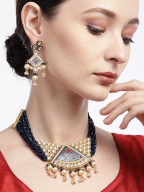 Navy BlueKundan & Beaded Enamelled Jewellery Set