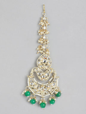 Green & Off-White Gold-Plated Kundan Studded Handcrafted Maang Tika