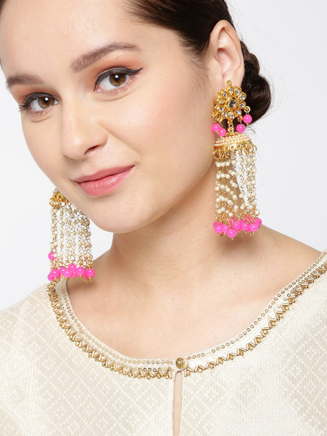 Pink Pearl Kundan Jhumka