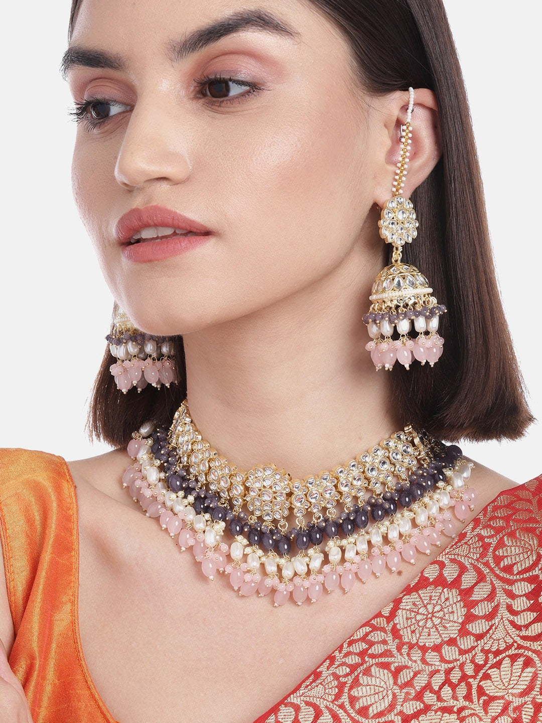 Grey Kundan-Studded Handcrafted Jewellery Set