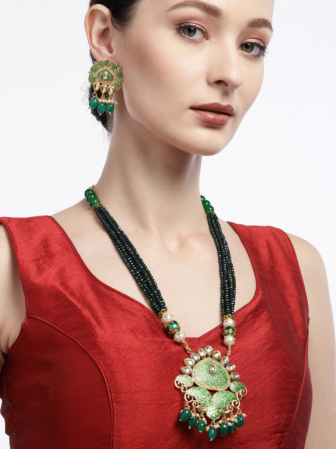 Green Gold-Plated Kundan Studded & Beaded Enamelled Jewellery Set