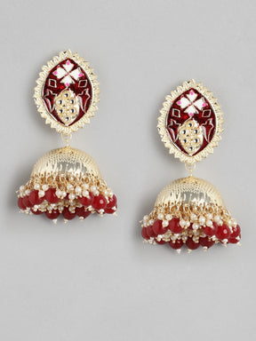 Red & Gold-Plated Dome Shaped Jhumkas Earrings