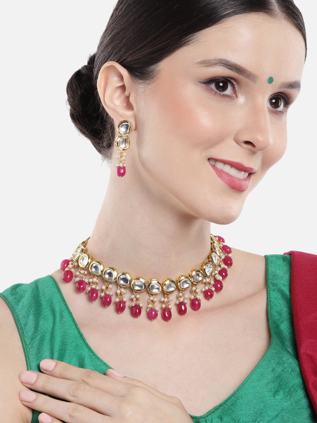 Gold Plated Maroon Kundan Ethnic Jewellery Set