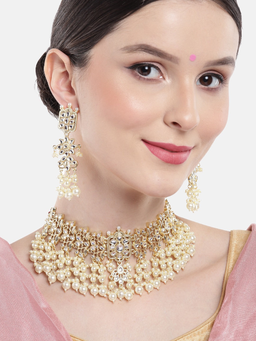 Gold-Plated White Choker Jewellery Set