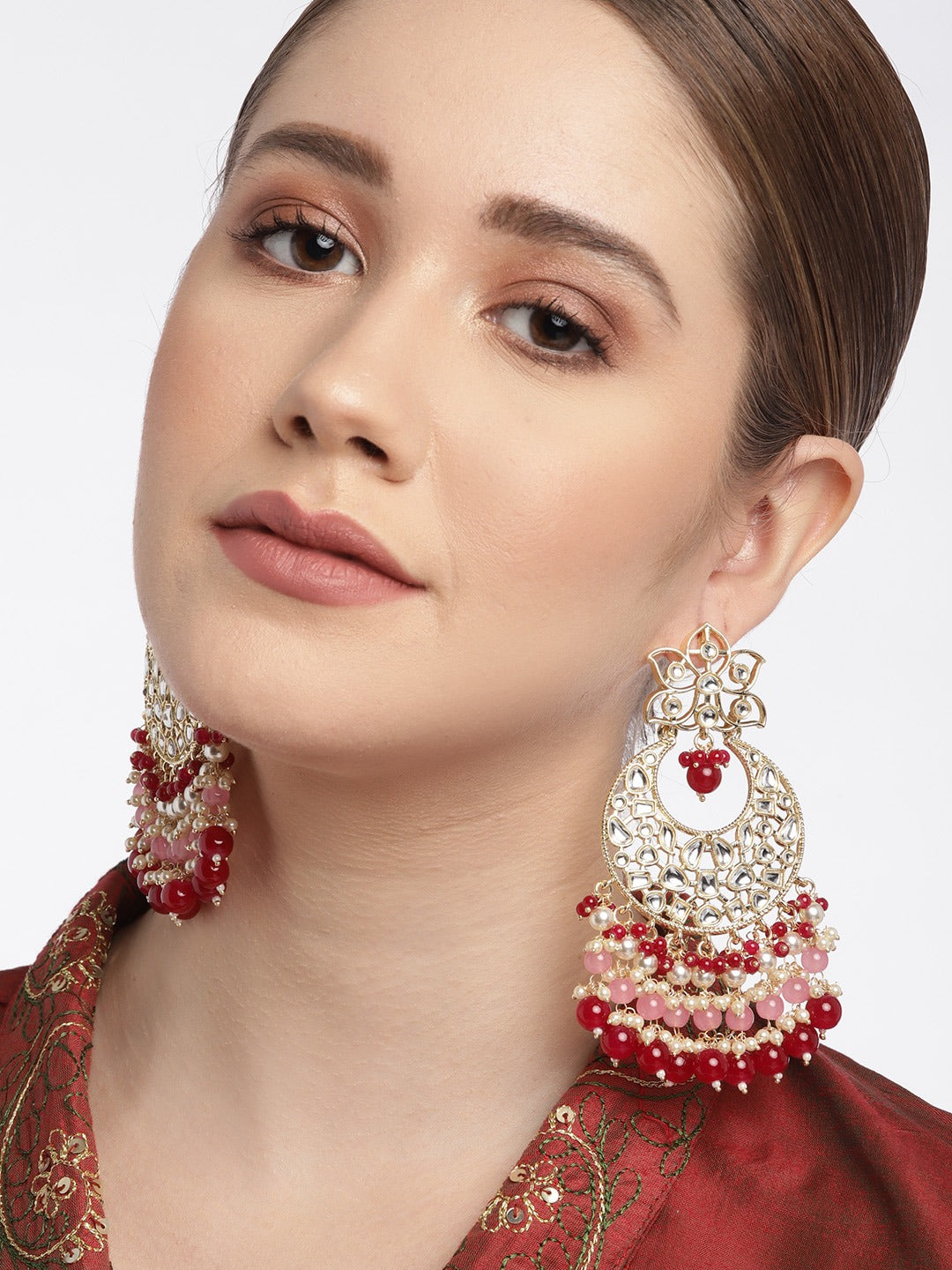 Maroon Kundan Crescent Shaped Chandbali