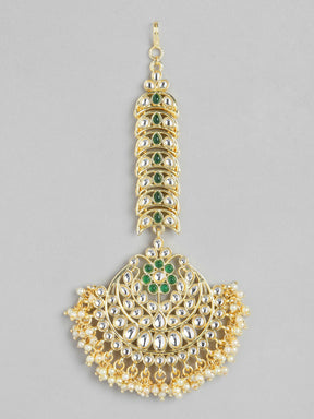 Green & Off-White Gold-Plated Handcrafted Kundan-Studded Maang Tika