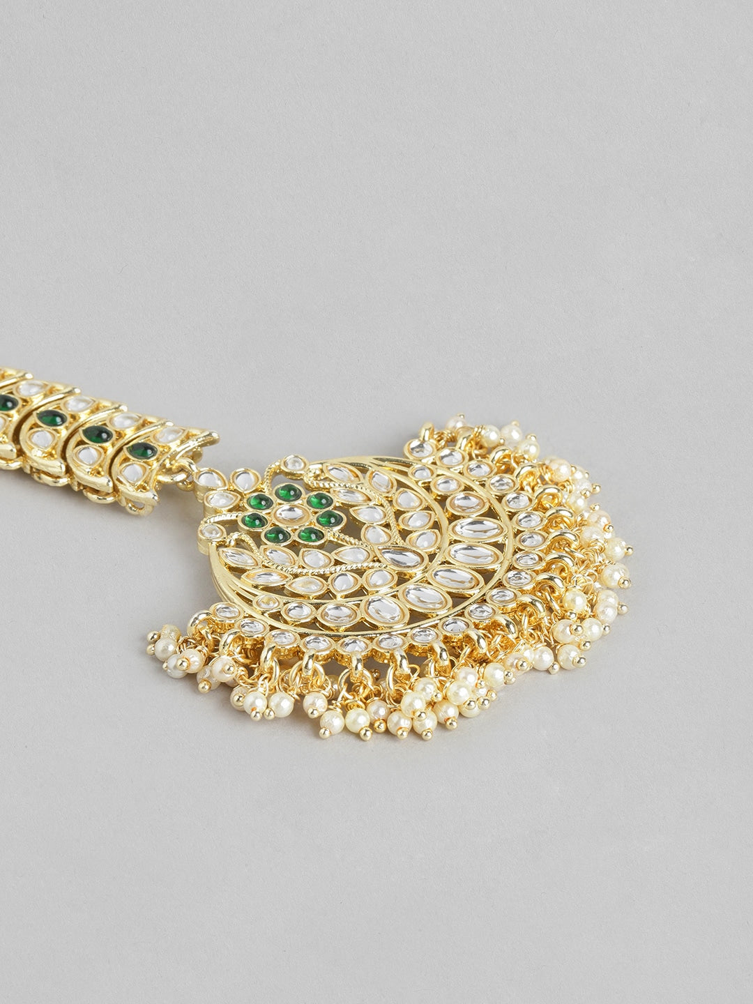 Green & Off-White Gold-Plated Handcrafted Kundan-Studded Maang Tika