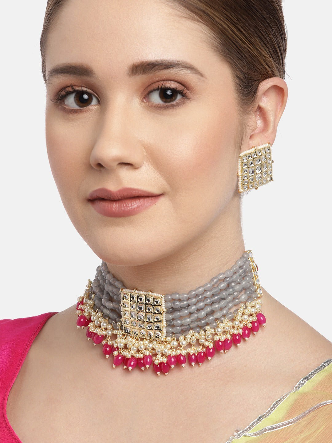 Grey Gold-Plated Handcrafted Brass Choker Jewellery Set