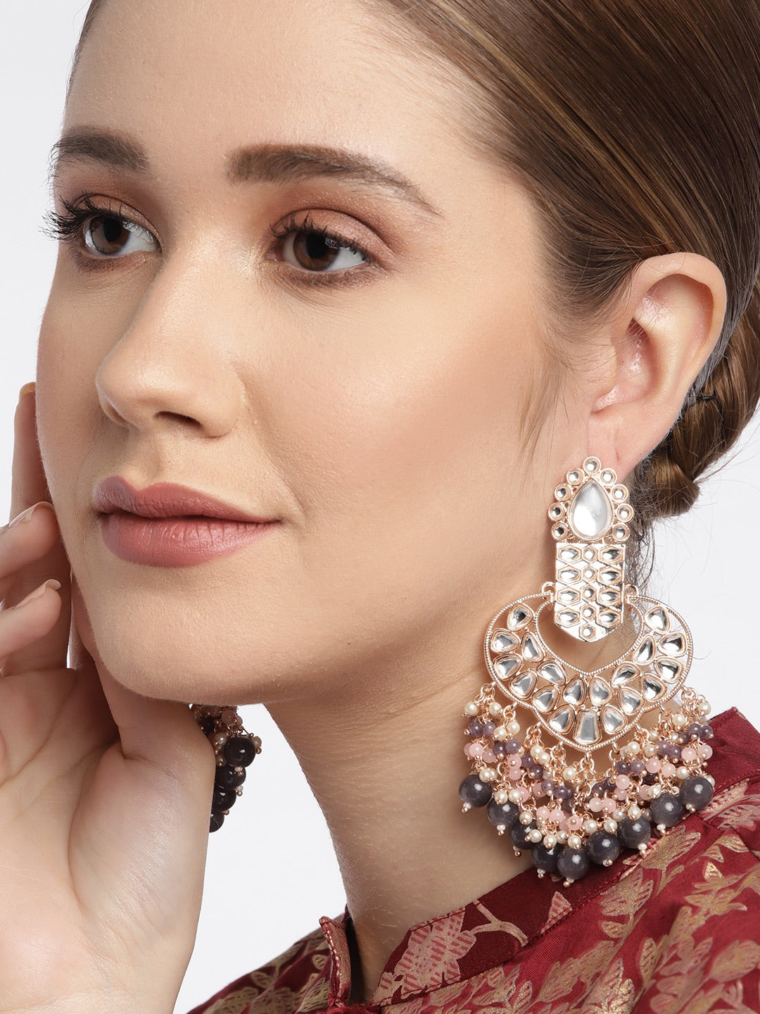 Rose Gold-Plated Grey Kundan Classic Drop Earrings