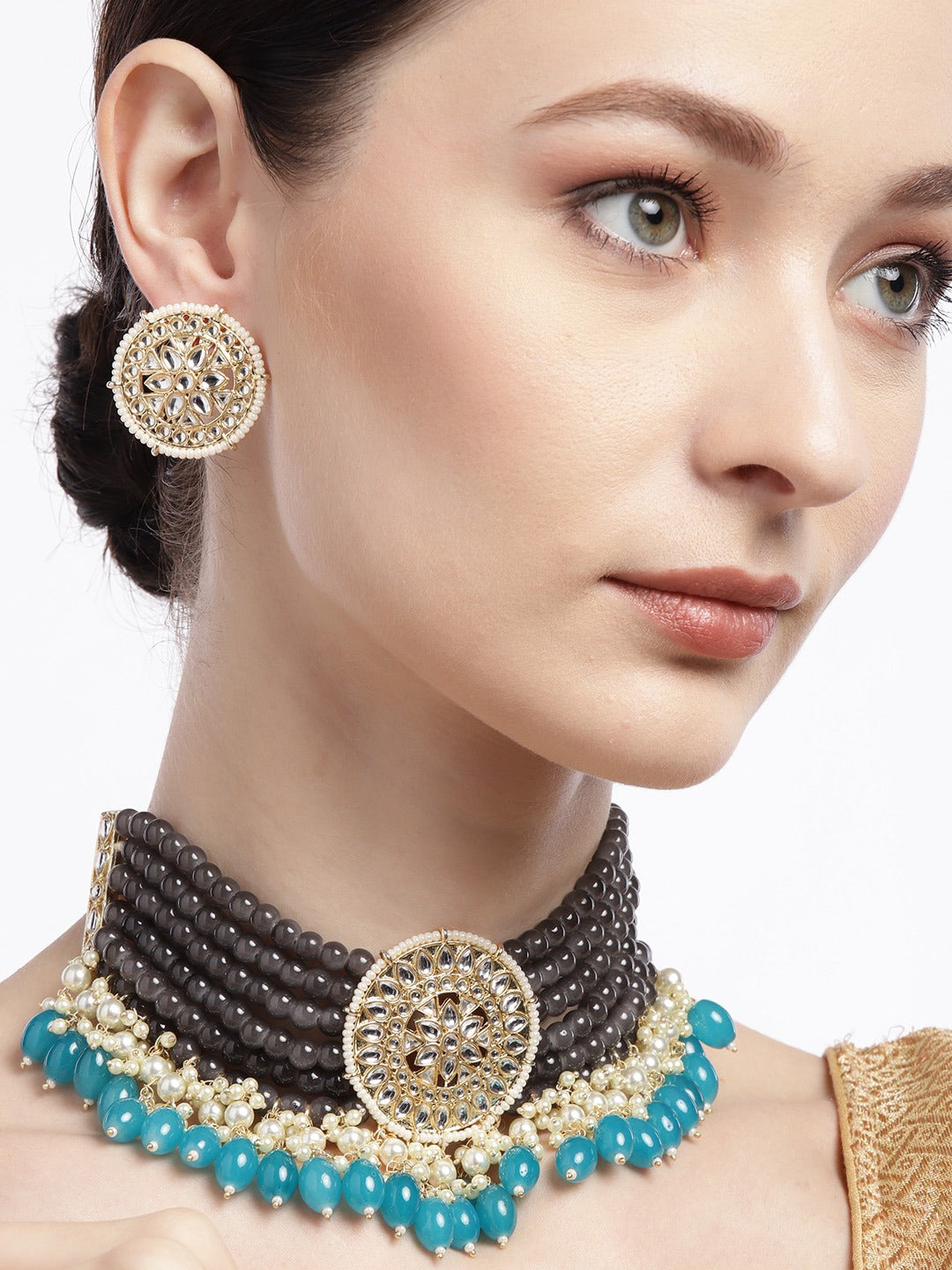 Grey & Blue Kundan & Beaded Choker Set