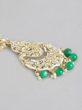 Green & Off-White Gold-Plated Kundan Studded Handcrafted Maang Tika