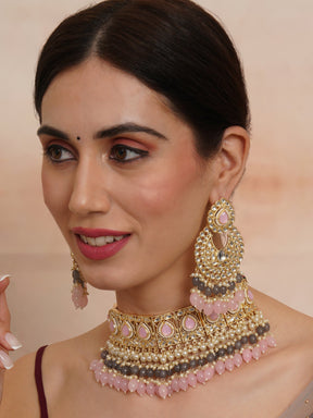 Pink & Gold-Plated Kundan Jewellery Set