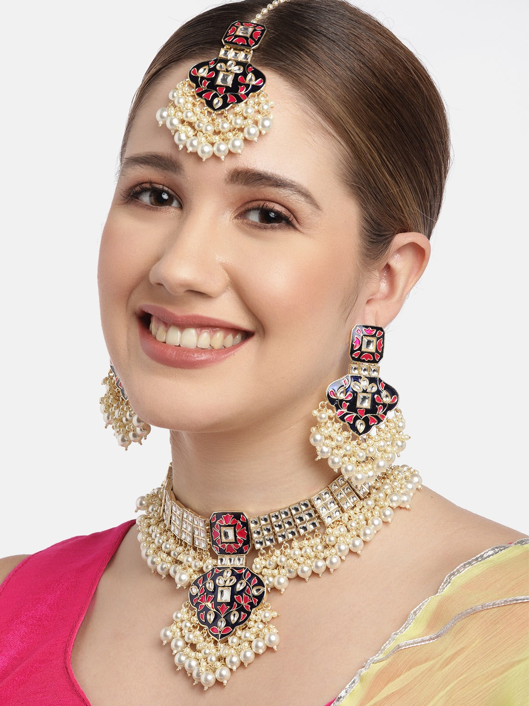 White & Navy Blue  Enamelled Kundan Jewellery Set